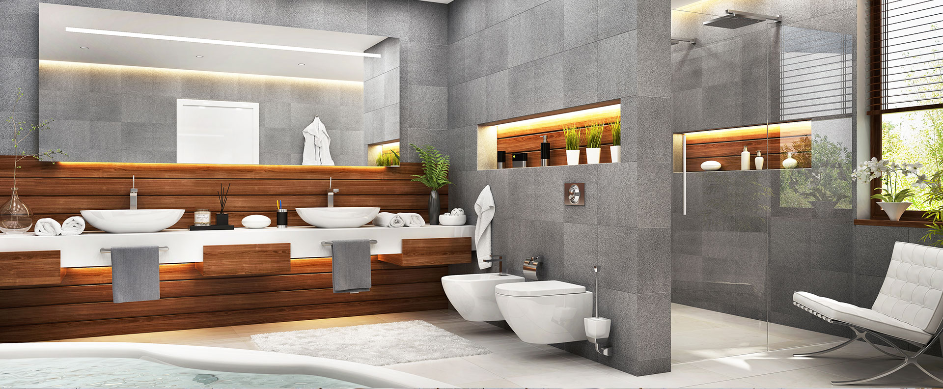 Large-format mirror and glass wall reflecting a bright contemporary interior.