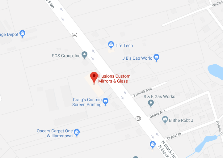 Map showing Illusions Custom Mirrors & Glass on N Black Horse Pike, Williamstown, NJ.